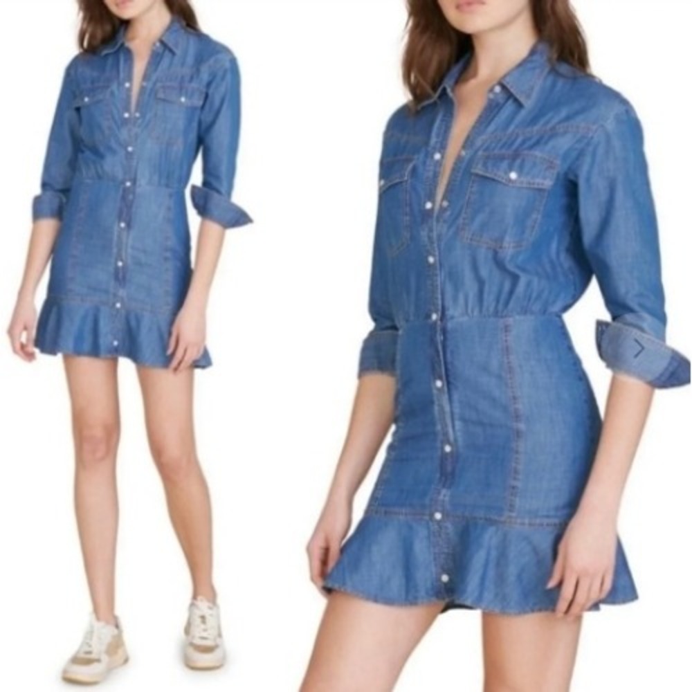 Veronica Beard Mura Denim Button Front Shirt Dress 4 Blue Snap Front Ruffle Hem